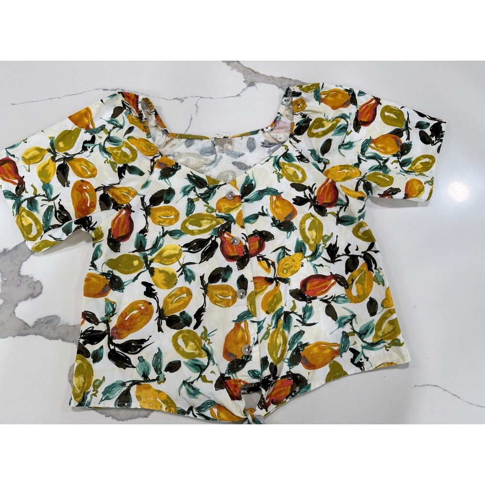 Ava James Fruit Print Linen Blend Tie Front Button Top Yellow Large